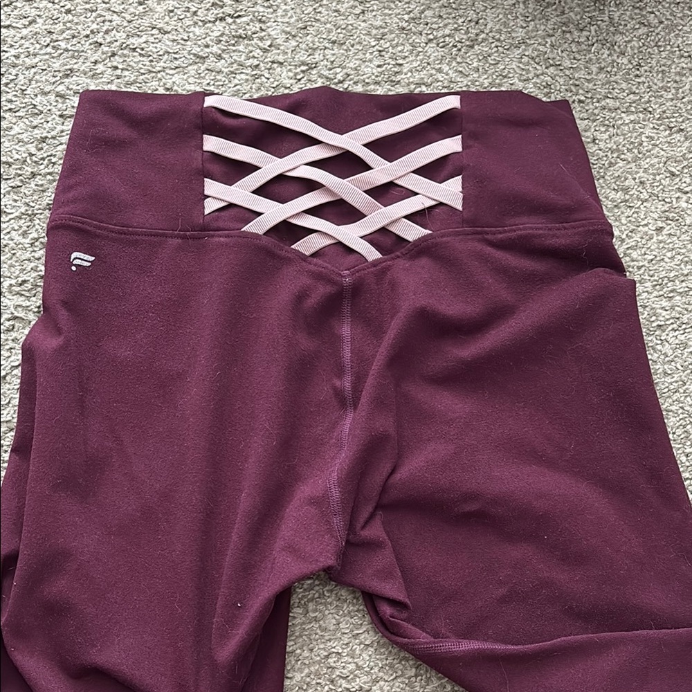 Fabletics Burgundy Leggings with Pink Crisscross